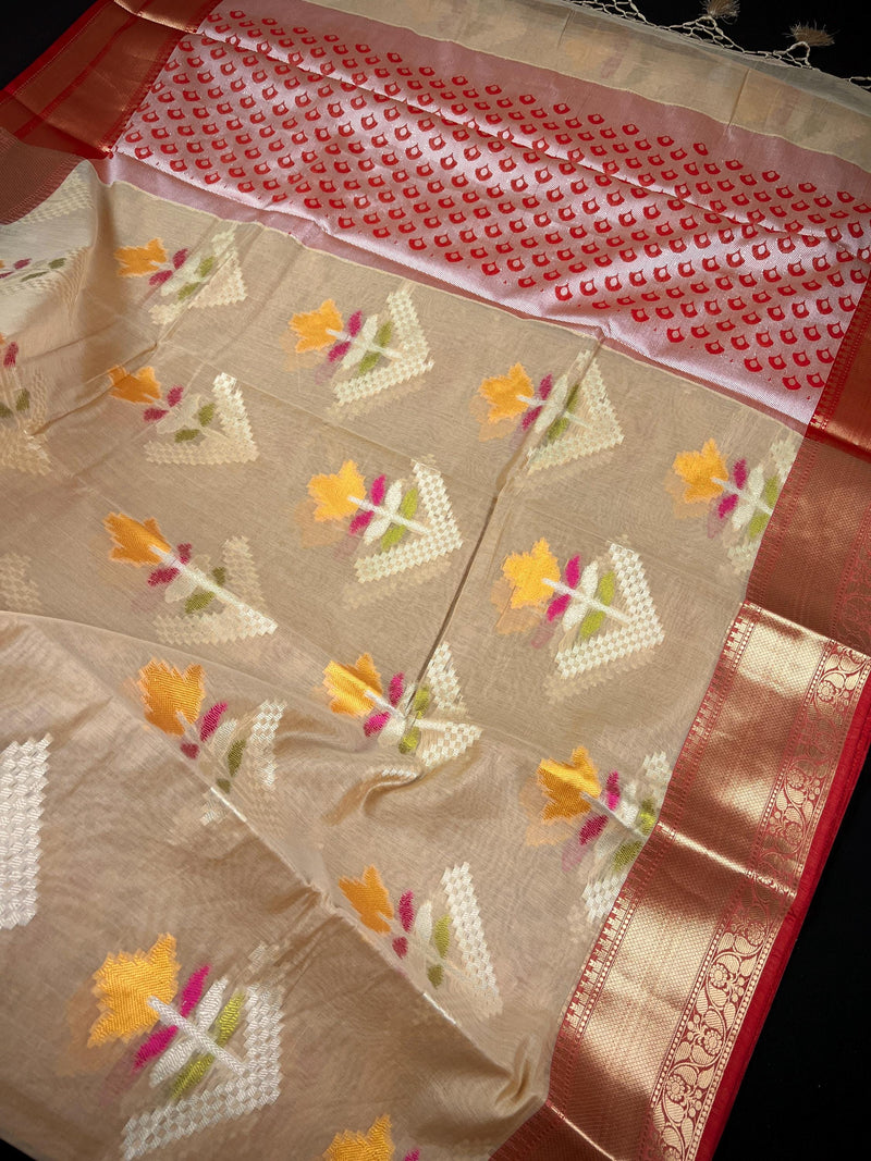 Handmade Gold Beige Banarasi Cotton Silk with Meenakari Flowers