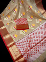 Handmade Gold Beige Banarasi Cotton Silk with Meenakari Flowers