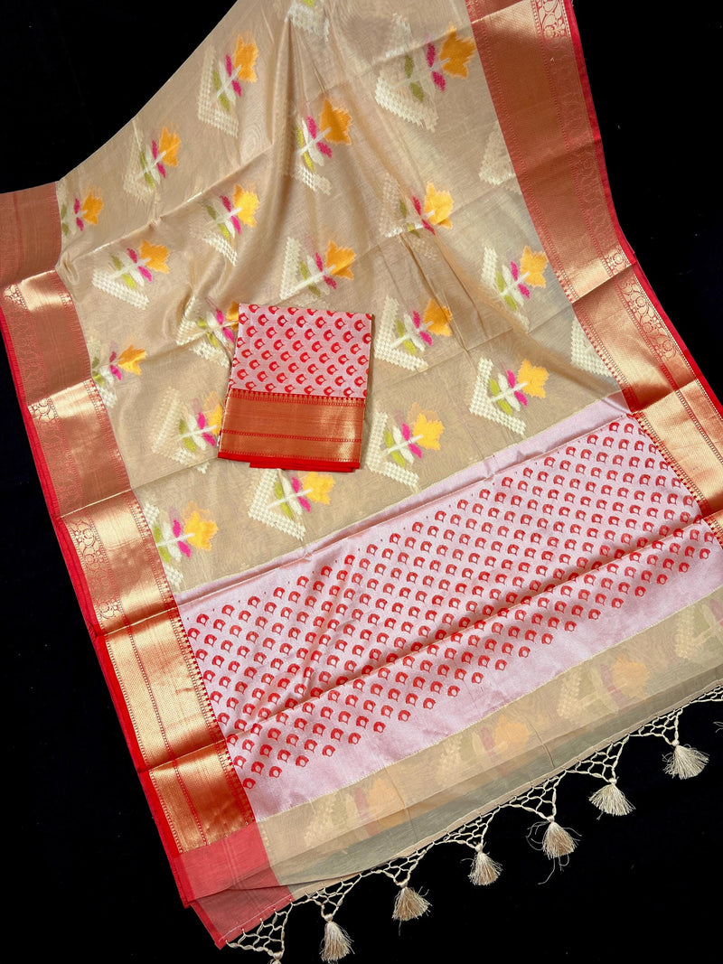 Handmade Gold Beige Banarasi Cotton Silk with Meenakari Flowers