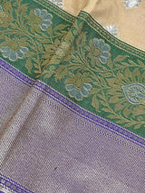 Beige Color Traditional Banarasi Silk Handloom Saree -Green and Blue Combination with Beige Silk Saree