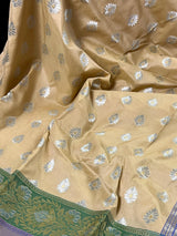 Beige Color Traditional Banarasi Silk Handloom Saree -Green and Blue Combination with Beige Silk Saree