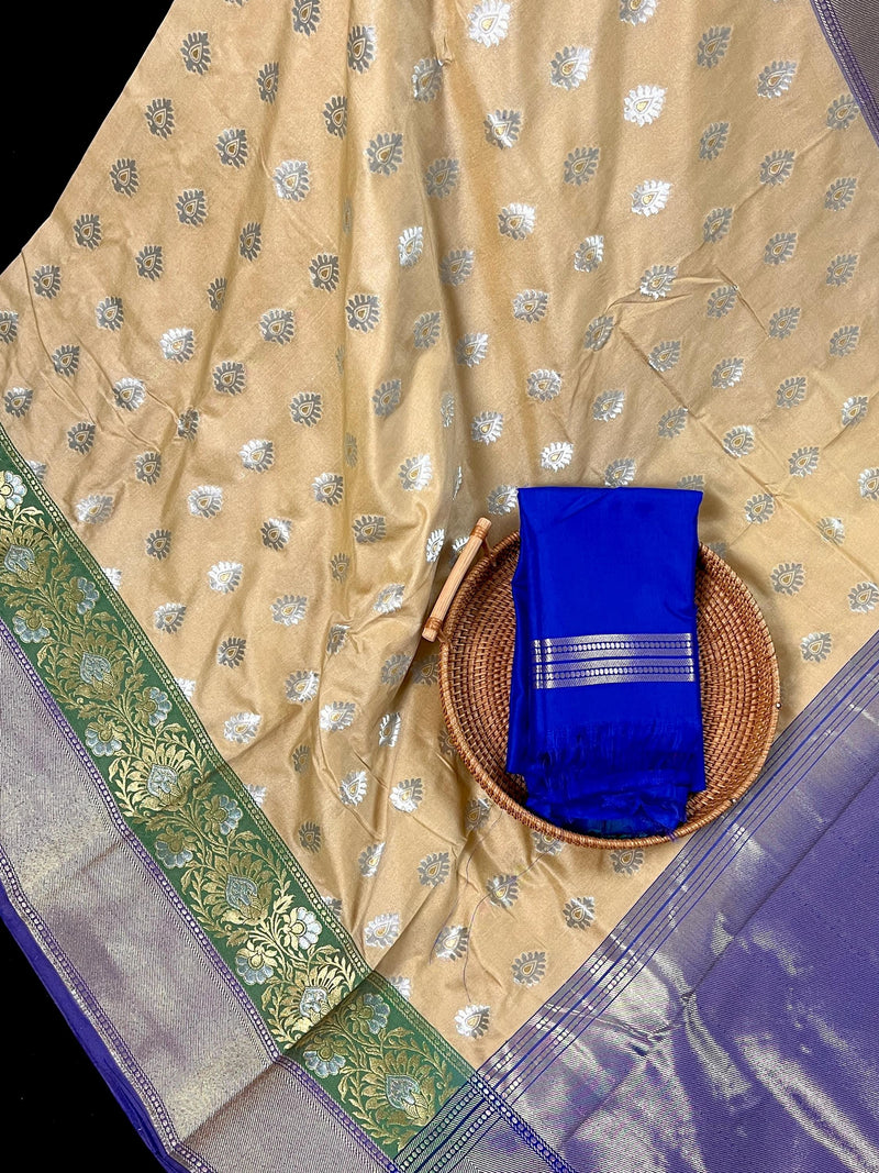 Beige Color Traditional Banarasi Silk Handloom Saree -Green and Blue Combination with Beige Silk Saree