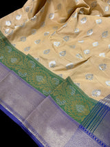 Beige Color Traditional Banarasi Silk Handloom Saree -Green and Blue Combination with Beige Silk Saree