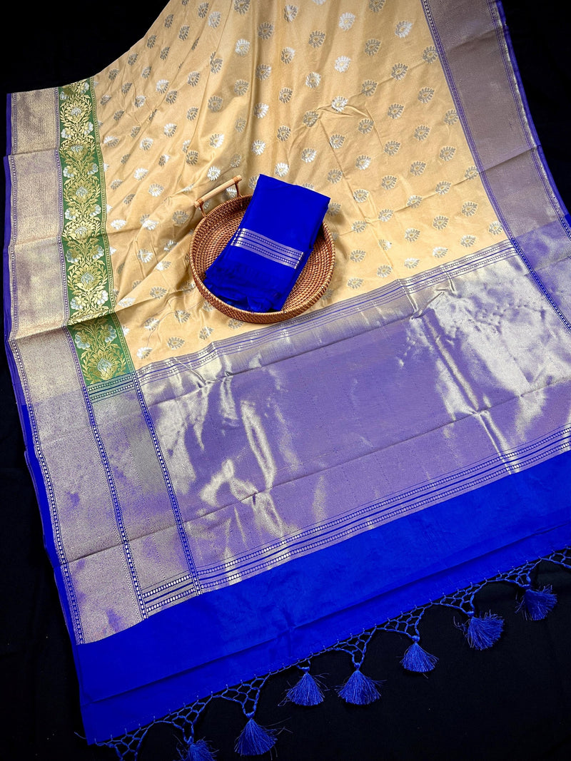 Beige Color Traditional Banarasi Silk Handloom Saree -Green and Blue Combination with Beige Silk Saree