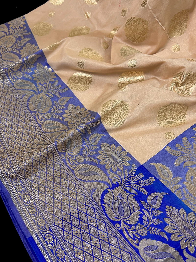 Beige Color Saree with Light Blue Border and Royal Blue Color Pallu - Soft Handloom Banarasi Silk Saree - Muted Gold Zari Weave