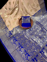 Beige Color Saree with Light Blue Border and Royal Blue Color Pallu - Soft Handloom Banarasi Silk Saree - Muted Gold Zari Weave