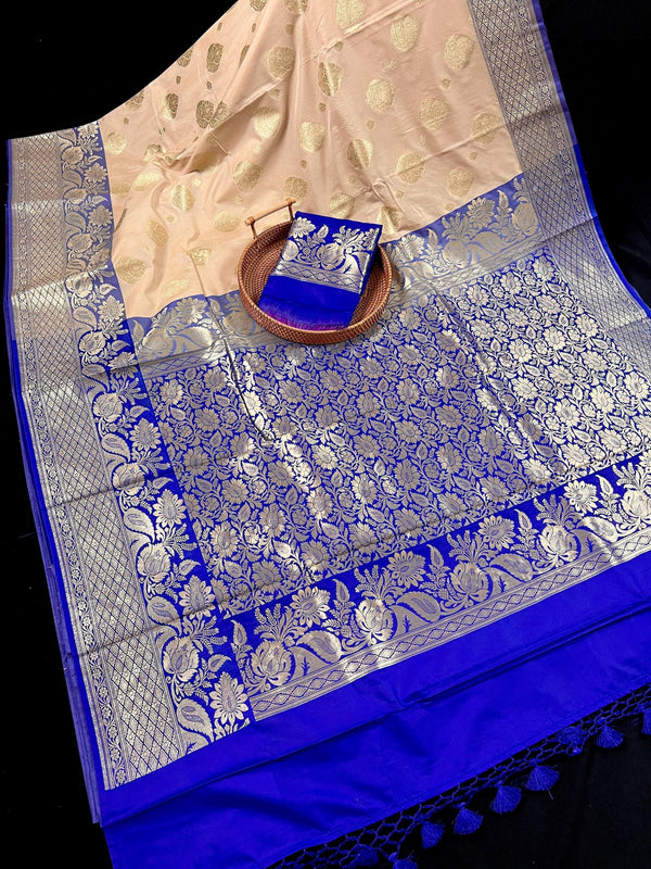 Beige Color Saree with Light Blue Border and Royal Blue Color Pallu - Soft Handloom Banarasi Silk Saree - Muted Gold Zari Weave