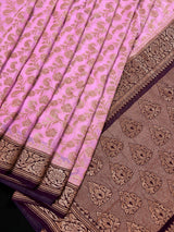 Pink Color Pure Khaddi Georgette Banarasi Silk Saree with Antique Copper Zari Weave | Pink and Wine Color Saree | SILK MARK CERTIFIED