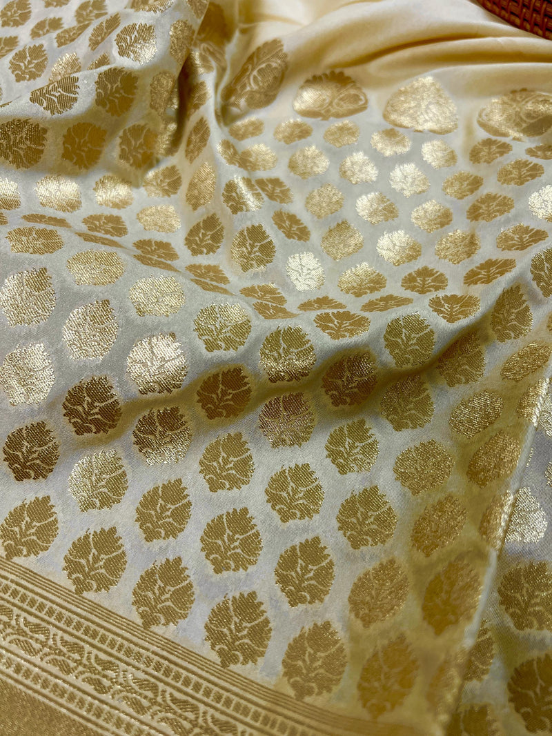 Beige Cream Color Saree with Muted Gold Zari Waave -  Traditional Banarasi Soft Silk Handloom Saree