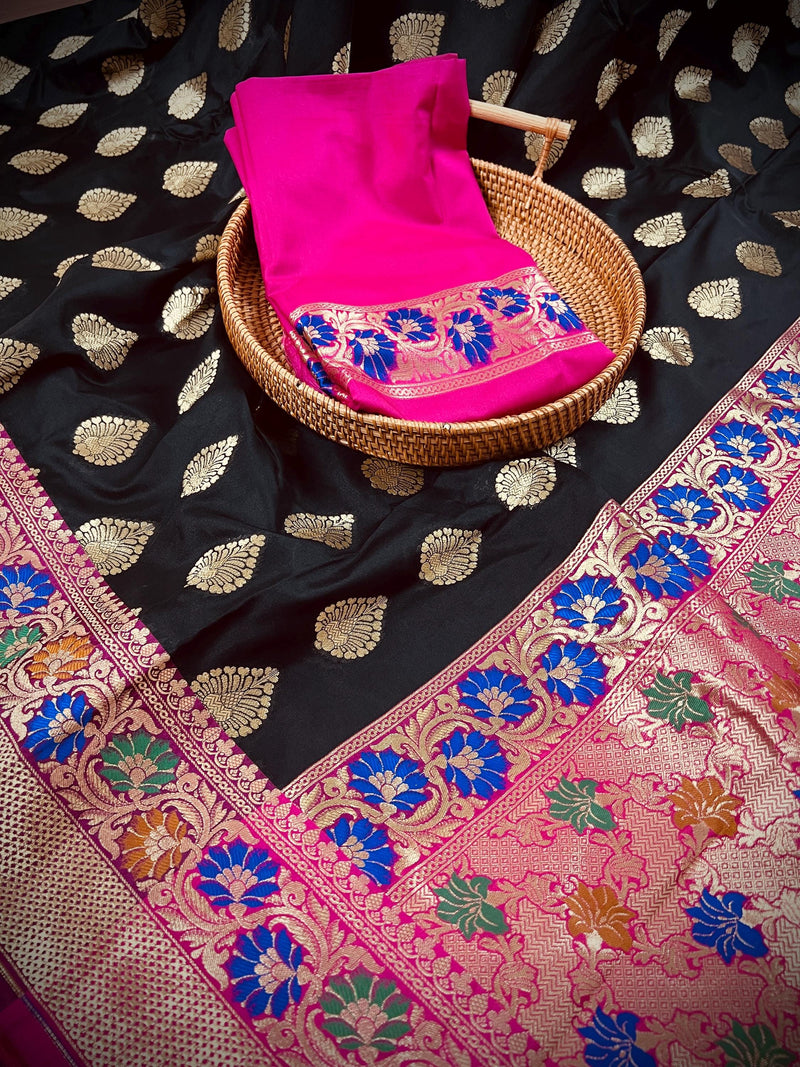 Black with Hot Pink Traditional Banarasi Silk Handloom Saree with Paithani Border and Pallu | Meenakari Work | Floral Saree