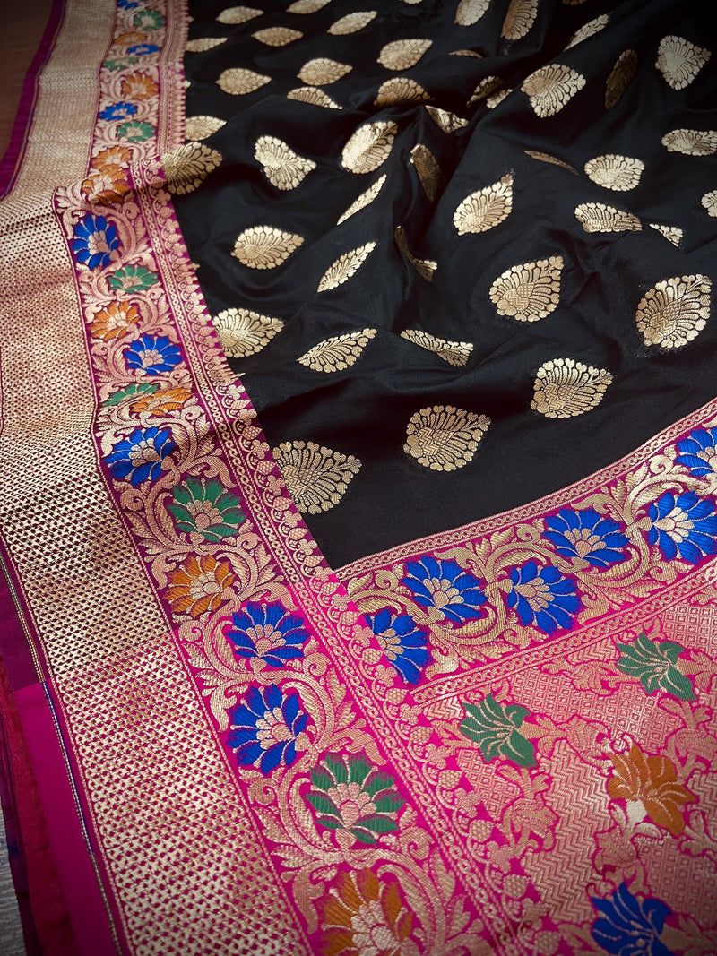 Black with Hot Pink Traditional Banarasi Silk Handloom Saree with Paithani Border and Pallu | Meenakari Work | Floral Saree