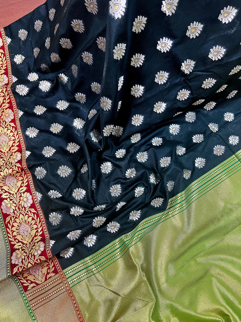 Black with Green Traditional Banarasi Silk Handloom Saree with Paithani Border and Pallu | Meenakari Work | Floral Saree