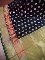 Black with Green Traditional Banarasi Silk Handloom Saree with Paithani Border and Pallu | Meenakari Work | Floral Saree