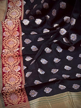 Black with Green Traditional Banarasi Silk Handloom Saree with Paithani Border and Pallu | Meenakari Work | Floral Saree