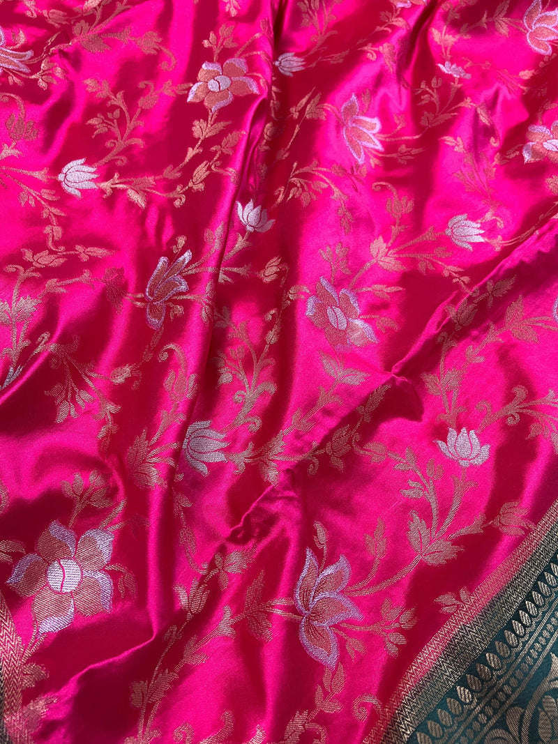 Hot Pink and Bottle Green Color Soft Mashru Silk handloom Saree with Gold Zari Branches and Sliver Flower | Banarasi Mashru Silk Saree