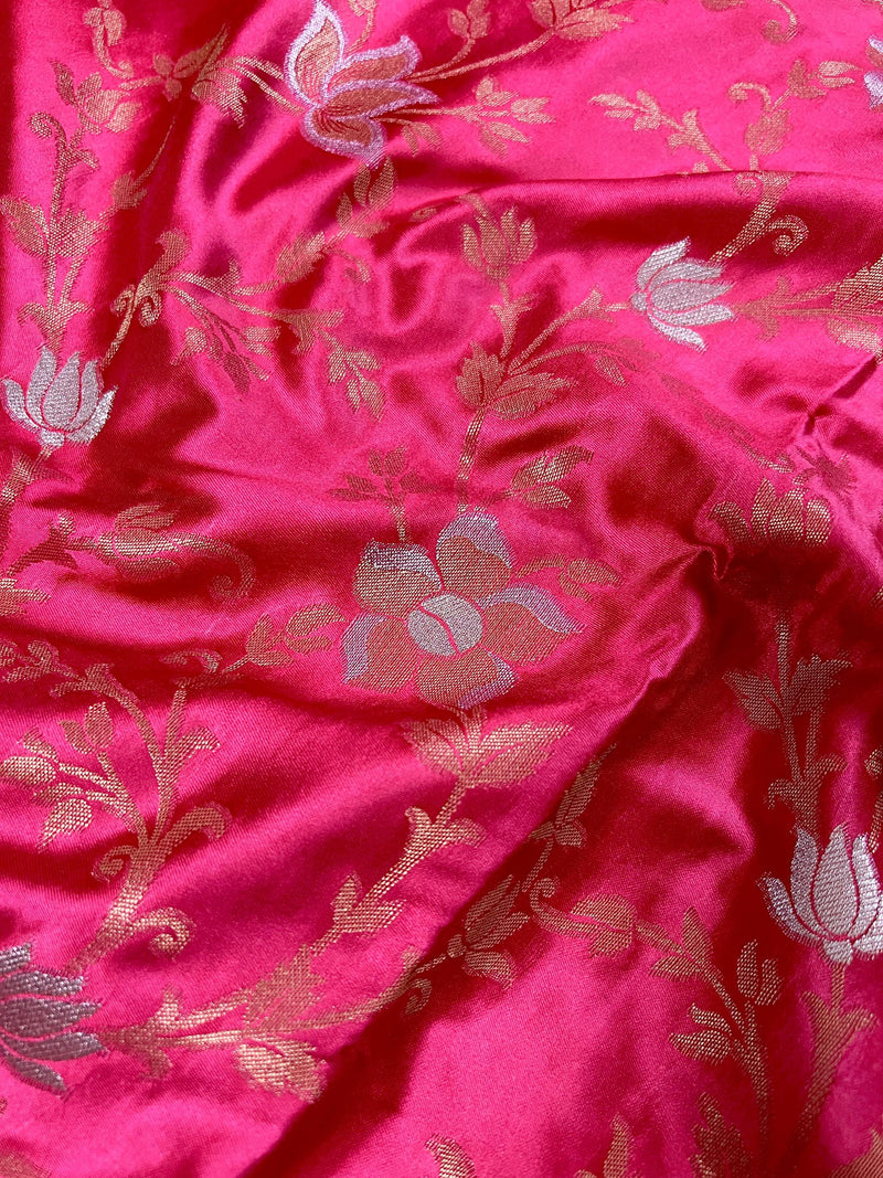 Hot Pink and Bottle Green Color Soft Mashru Silk handloom Saree with Gold Zari Branches and Sliver Flower | Banarasi Mashru Silk Saree