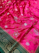 Hot Pink and Bottle Green Color Soft Mashru Silk handloom Saree with Gold Zari Branches and Sliver Flower | Banarasi Mashru Silk Saree