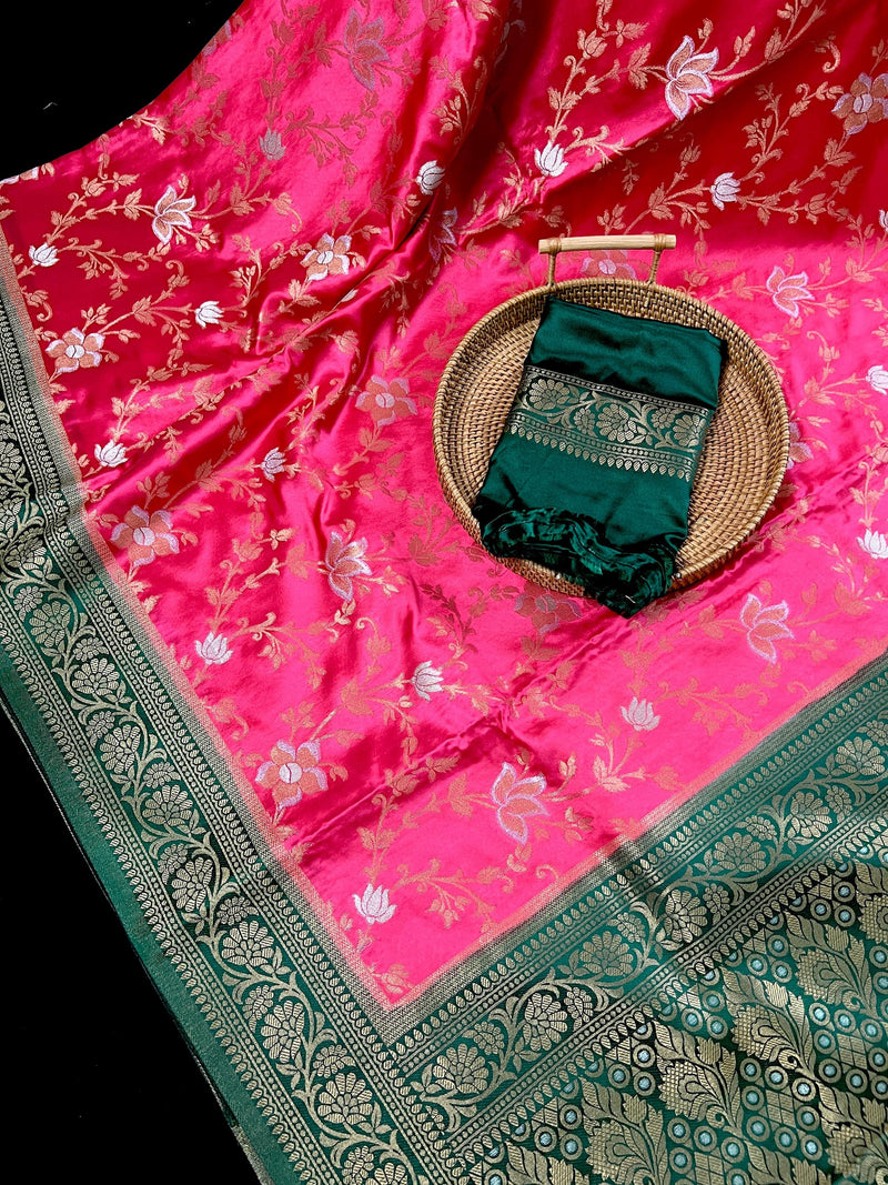 Hot Pink and Bottle Green Color Soft Mashru Silk handloom Saree with Gold Zari Branches and Sliver Flower | Banarasi Mashru Silk Saree