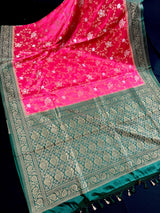 Hot Pink and Bottle Green Color Soft Mashru Silk handloom Saree with Gold Zari Branches and Sliver Flower | Banarasi Mashru Silk Saree