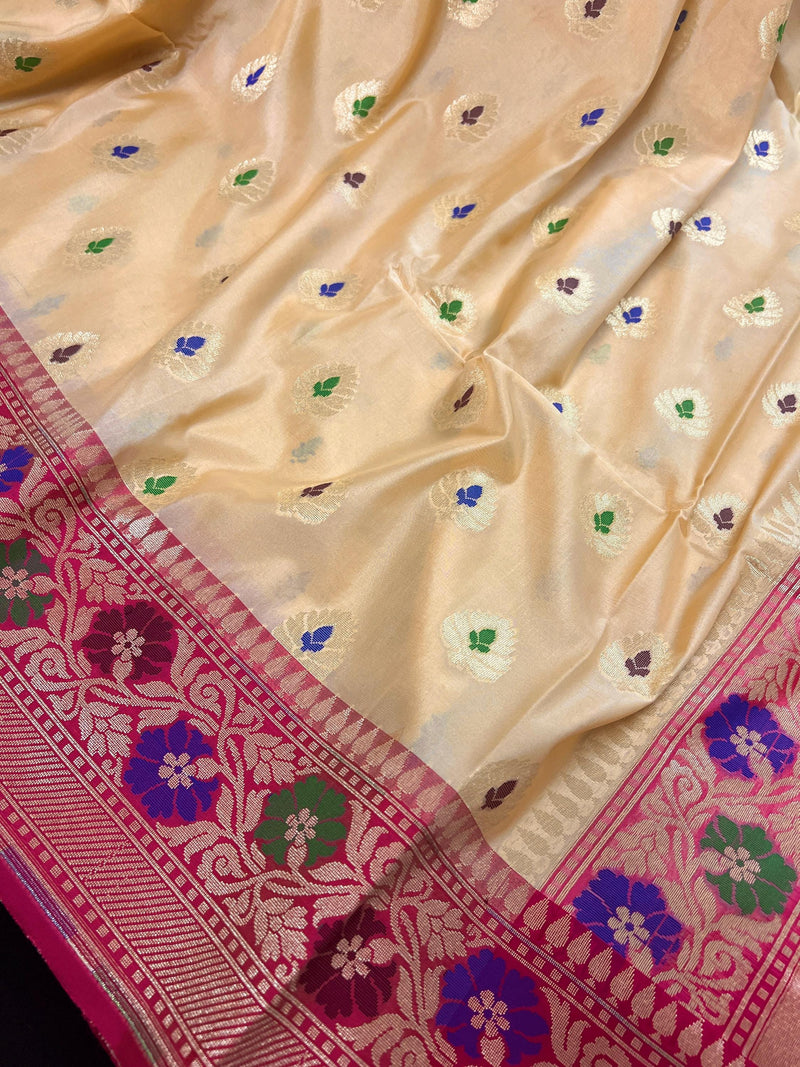 Ivory Cream Banarasi Silk Saree with Hot Pink combination | Meenakari Work with small buttis  | Soft Silk Handloom Saree