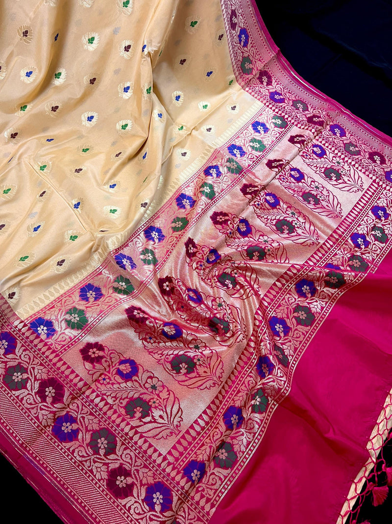 Ivory Cream Banarasi Silk Saree with Hot Pink combination | Meenakari Work with small buttis  | Soft Silk Handloom Saree