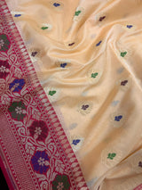 Ivory Cream Banarasi Silk Saree with Hot Pink combination | Meenakari Work with small buttis  | Soft Silk Handloom Saree