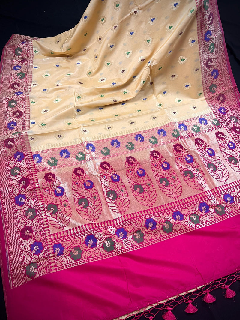 Ivory Cream Banarasi Silk Saree with Hot Pink combination | Meenakari Work with small buttis  | Soft Silk Handloom Saree