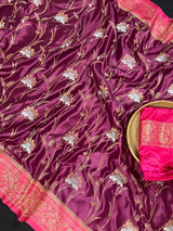 Wine and Hot Pink Color Soft Mashru Silk handloom Saree with Gold Zari Branches and Sliver Flower | Banarasi Mashru Silk Saree