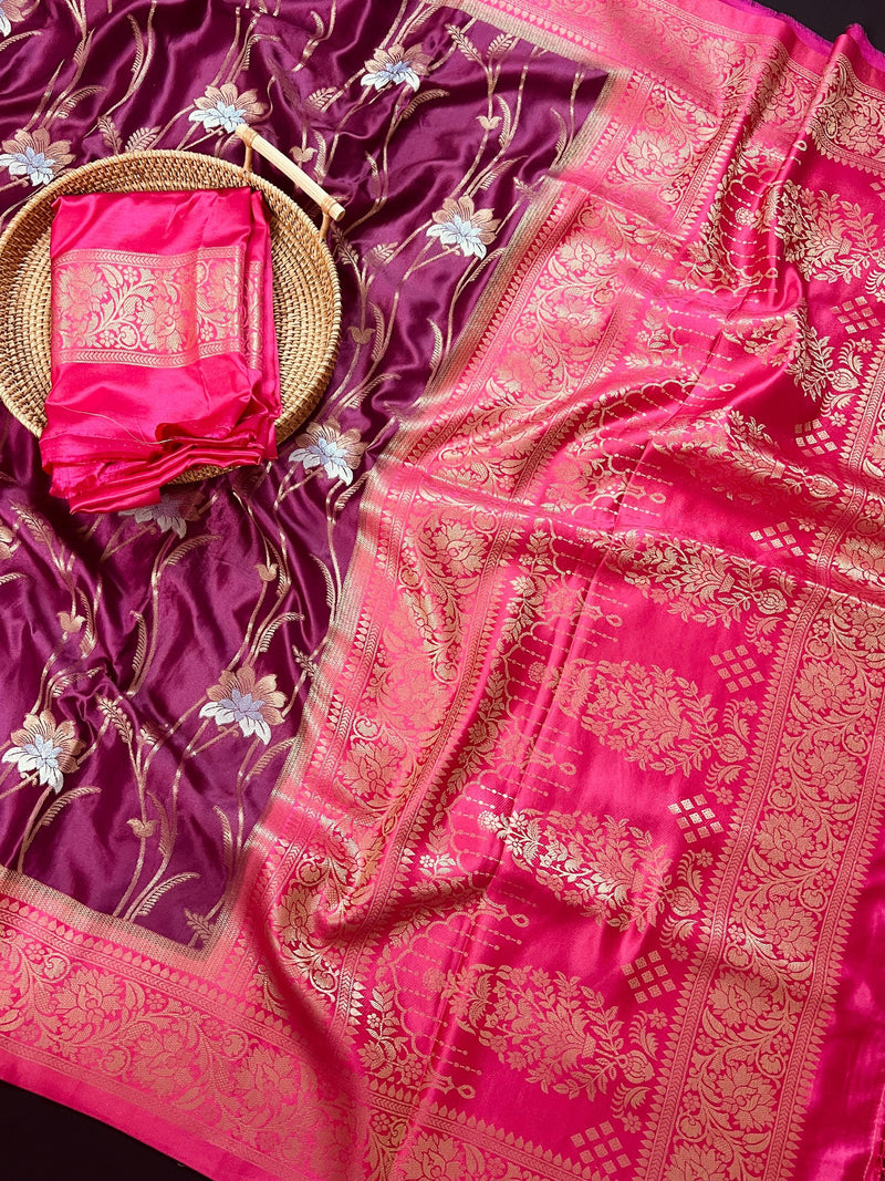 Wine and Hot Pink Color Soft Mashru Silk handloom Saree with Gold Zari Branches and Sliver Flower | Banarasi Mashru Silk Saree