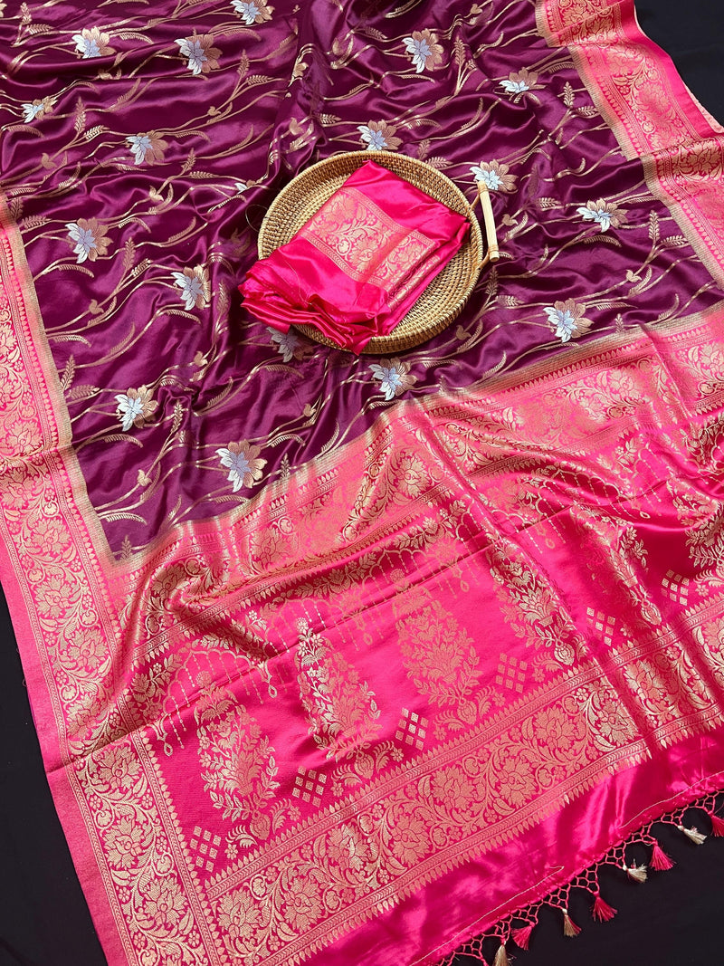 Wine and Hot Pink Color Soft Mashru Silk handloom Saree with Gold Zari Branches and Sliver Flower | Banarasi Mashru Silk Saree