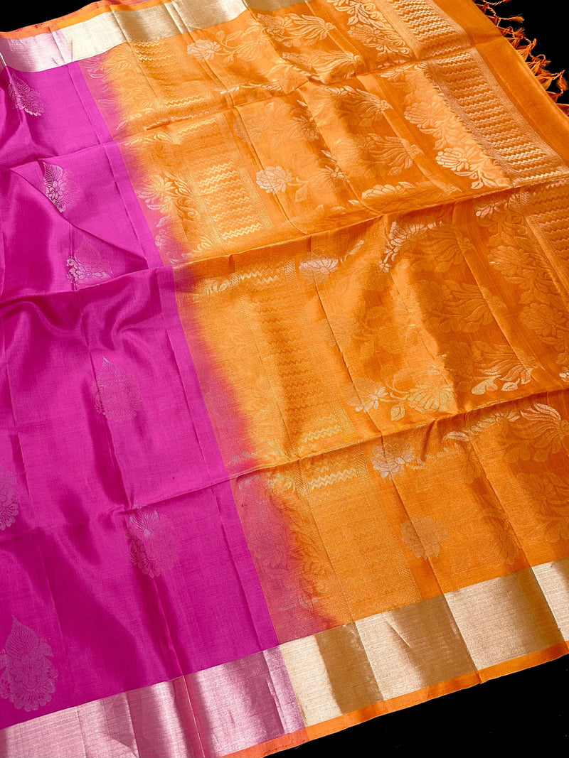 Hot Pink and Mango Yellow Pure Soft Kanjivaram Silk Saree - Peacock Motifs - Heirloom Kanchipuram Pure Silk  -  SILK MARK CERTIFIED