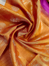 Hot Pink and Mango Yellow Pure Soft Kanjivaram Silk Saree - Peacock Motifs - Heirloom Kanchipuram Pure Silk  -  SILK MARK CERTIFIED