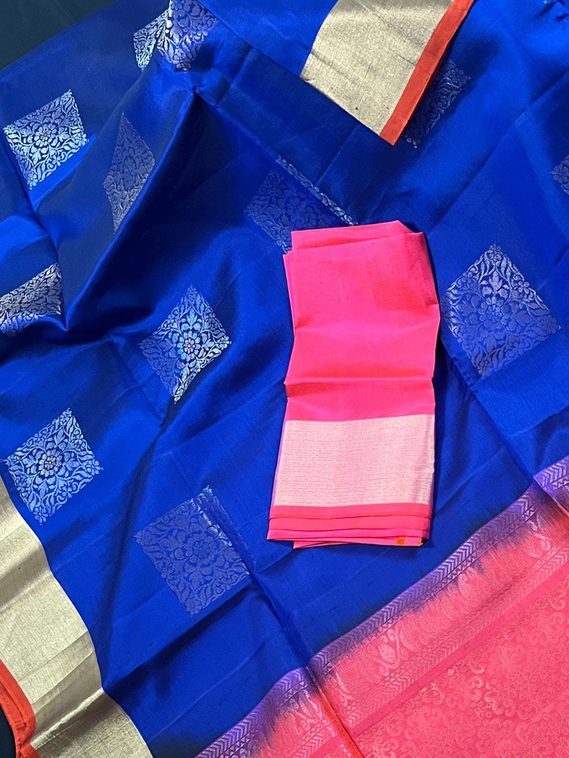 Blue and Peach Pink Pure Soft Kanjivaram Silk Saree - Muted Gold Color Zari - Heirloom Kanchipuram Pure Silk  -  SILK MARK CERTIFIED