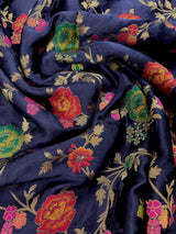 Statement Midnight Blue Color Pure Satin Silk Saree -  Handwoven Floral Meenakari Floral Jaal Weave -Silk Mark Certified Saree