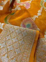 Turmeric Yellow Pure Khaddi Georgette Silk Saree with Water Zari and Hand Brush | Floral Saree | SILK MARK CERTIFIED