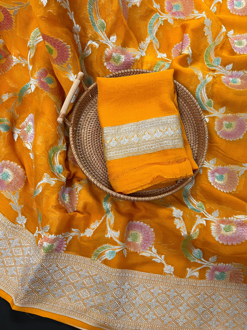 Turmeric Yellow Pure Khaddi Georgette Silk Saree with Water Zari and Hand Brush | Floral Saree | SILK MARK CERTIFIED