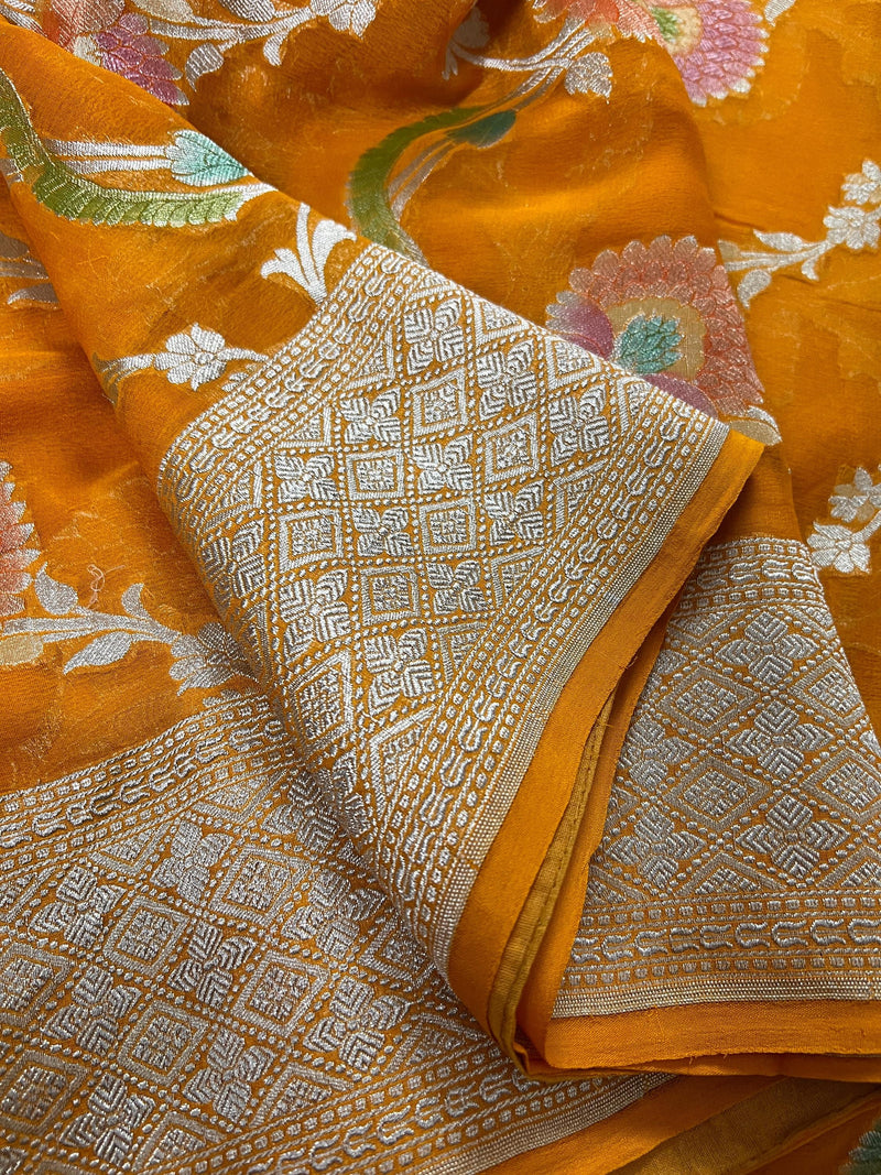 Turmeric Yellow Pure Khaddi Georgette Silk Saree with Water Zari and Hand Brush | Floral Saree | SILK MARK CERTIFIED