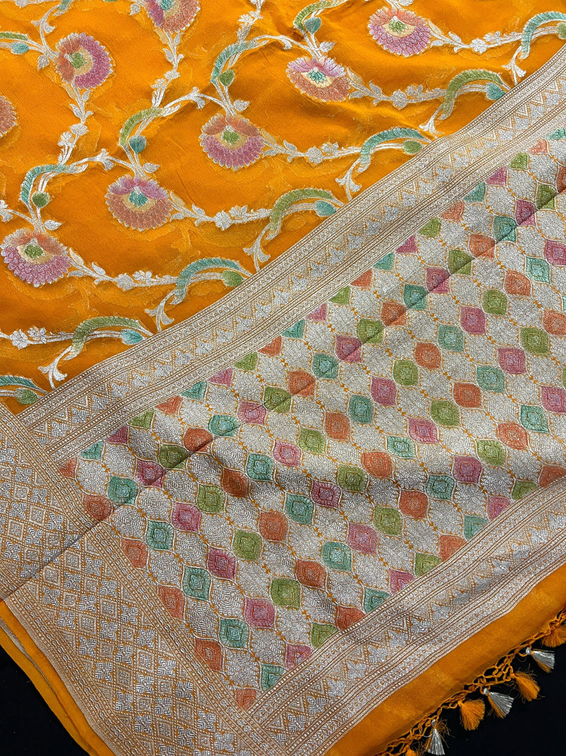 Turmeric Yellow Pure Khaddi Georgette Silk Saree with Water Zari and Hand Brush | Floral Saree | SILK MARK CERTIFIED