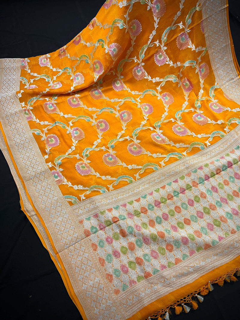 Turmeric Yellow Pure Khaddi Georgette Silk Saree with Water Zari and Hand Brush | Floral Saree | SILK MARK CERTIFIED