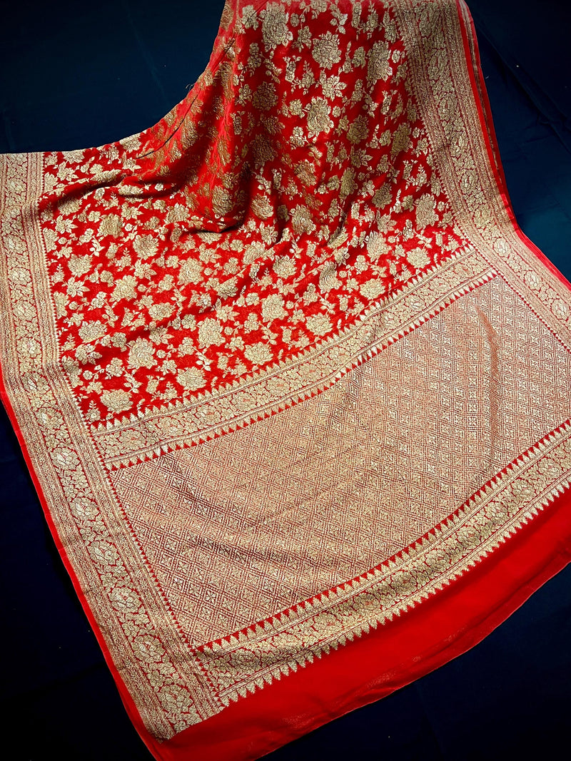 Red Color Pure Khaddi Georgette Banarasi Silk Saree - Antique Zari Weave  - SILK MARK CERTIFIED