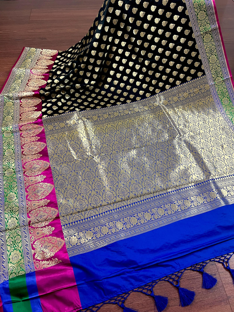 Black with Blue Color Traditional Banarasi Silk Handloom Saree with Wide Border | Meenakari and Satin Patta Border |  Floral Saree