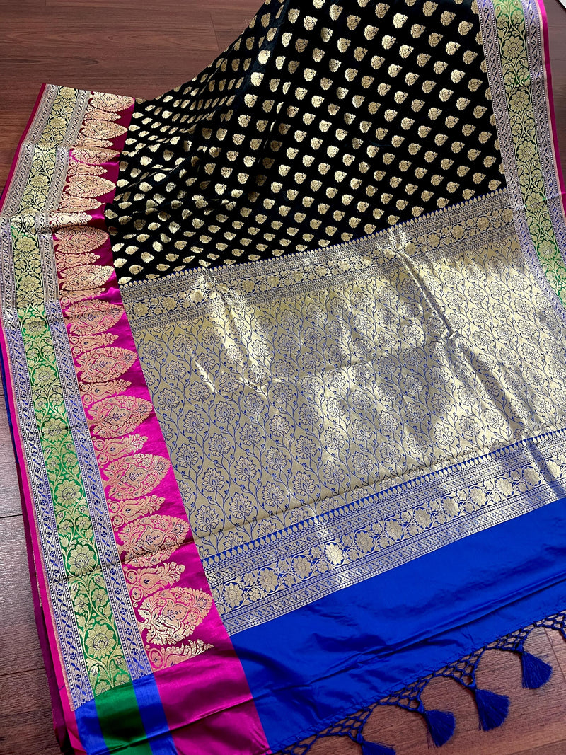 Black with Blue Color Traditional Banarasi Silk Handloom Saree with Wide Border | Meenakari and Satin Patta Border |  Floral Saree