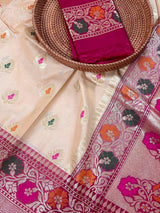 Ivory Cream Banarasi Silk Saree with Hot Pink combination - Meenakari Floral Design - Soft Silk Handloom Saree