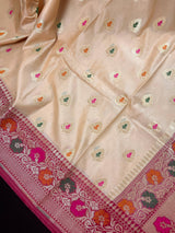 Ivory Cream Banarasi Silk Saree with Hot Pink combination - Meenakari Floral Design - Soft Silk Handloom Saree