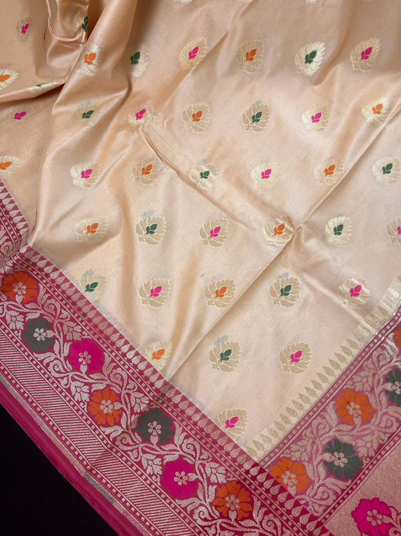 Ivory Cream Banarasi Silk Saree with Hot Pink combination - Meenakari Floral Design - Soft Silk Handloom Saree