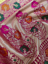 Ivory Cream Banarasi Silk Saree with Hot Pink combination - Meenakari Floral Design - Soft Silk Handloom Saree