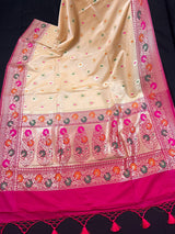 Ivory Cream Banarasi Silk Saree with Hot Pink combination - Meenakari Floral Design - Soft Silk Handloom Saree