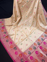 Ivory Cream Banarasi Silk Saree with Hot Pink combination - Meenakari Floral Design - Soft Silk Handloom Saree