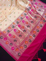 Ivory Cream Banarasi Silk Saree with Hot Pink combination - Meenakari Floral Design - Soft Silk Handloom Saree