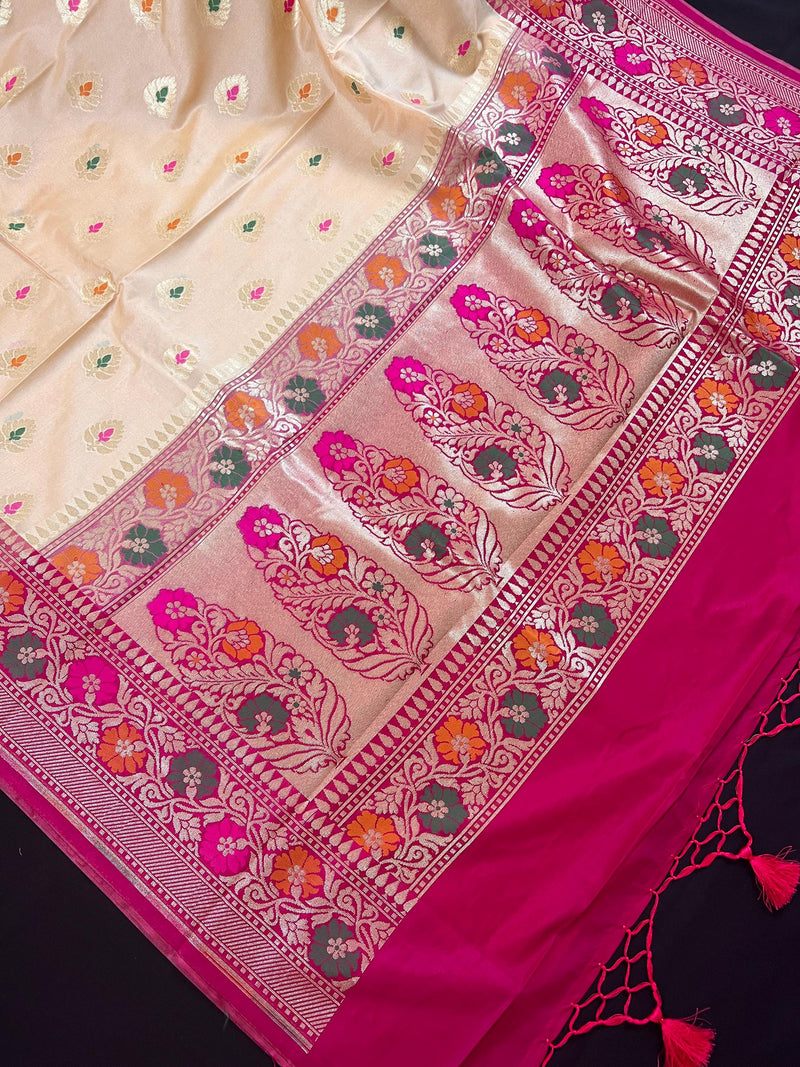 Ivory Cream Banarasi Silk Saree with Hot Pink combination - Meenakari Floral Design - Soft Silk Handloom Saree